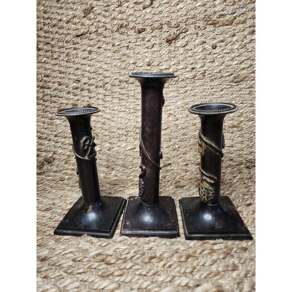 3 Vintage Traditional Italian Cast Iron Bronze Grapevine Candlestick Holders - Picture 6 of 12